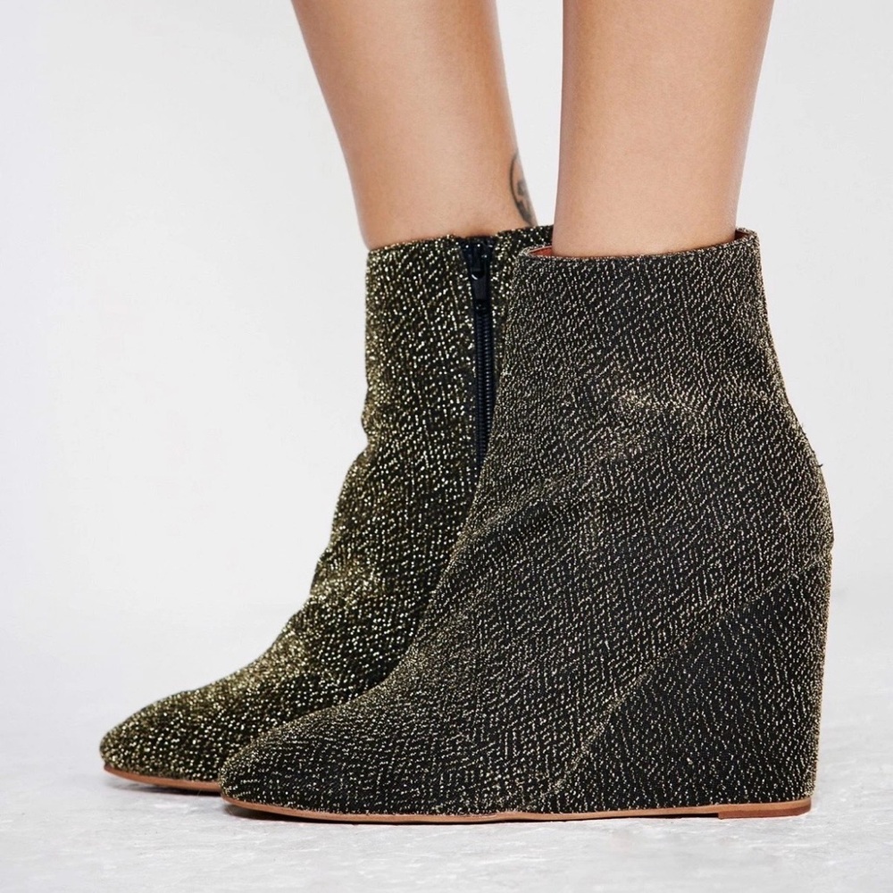 Jeffrey Campbell + Free People Instant Wedge boots, black and gold shimmer